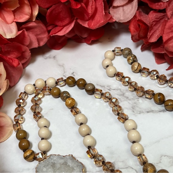 Natural Stone Beaded Necklace with Gold Dipped Agate Druzy Pendant & Tassel - Picture 8 of 15